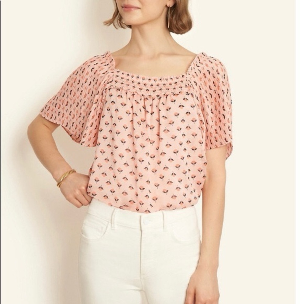Ann Taylor Floral Pleated Square Neck Top Blouse Pink Womens Size L